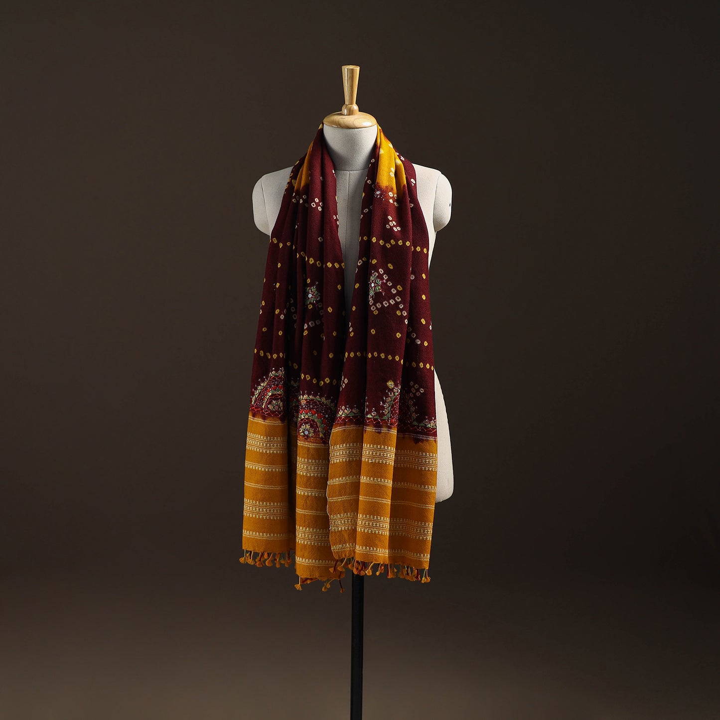 Kutch Bandhani Handwoven Neran Hand Embroidery Merino Wool Shawl 55