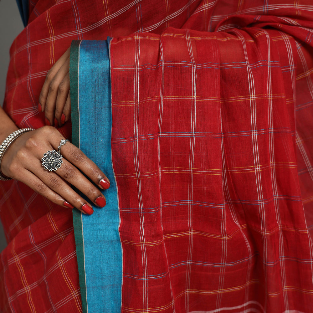 Red - Checks Cotton Handloom Saree 01