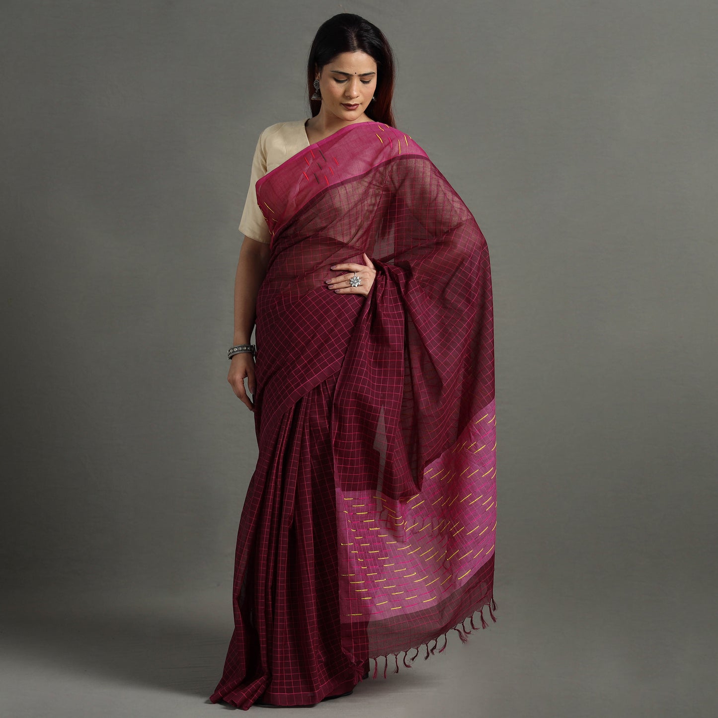 Maroon - Traditional Venkatagiri Handloom Cotton Checks Saree 05