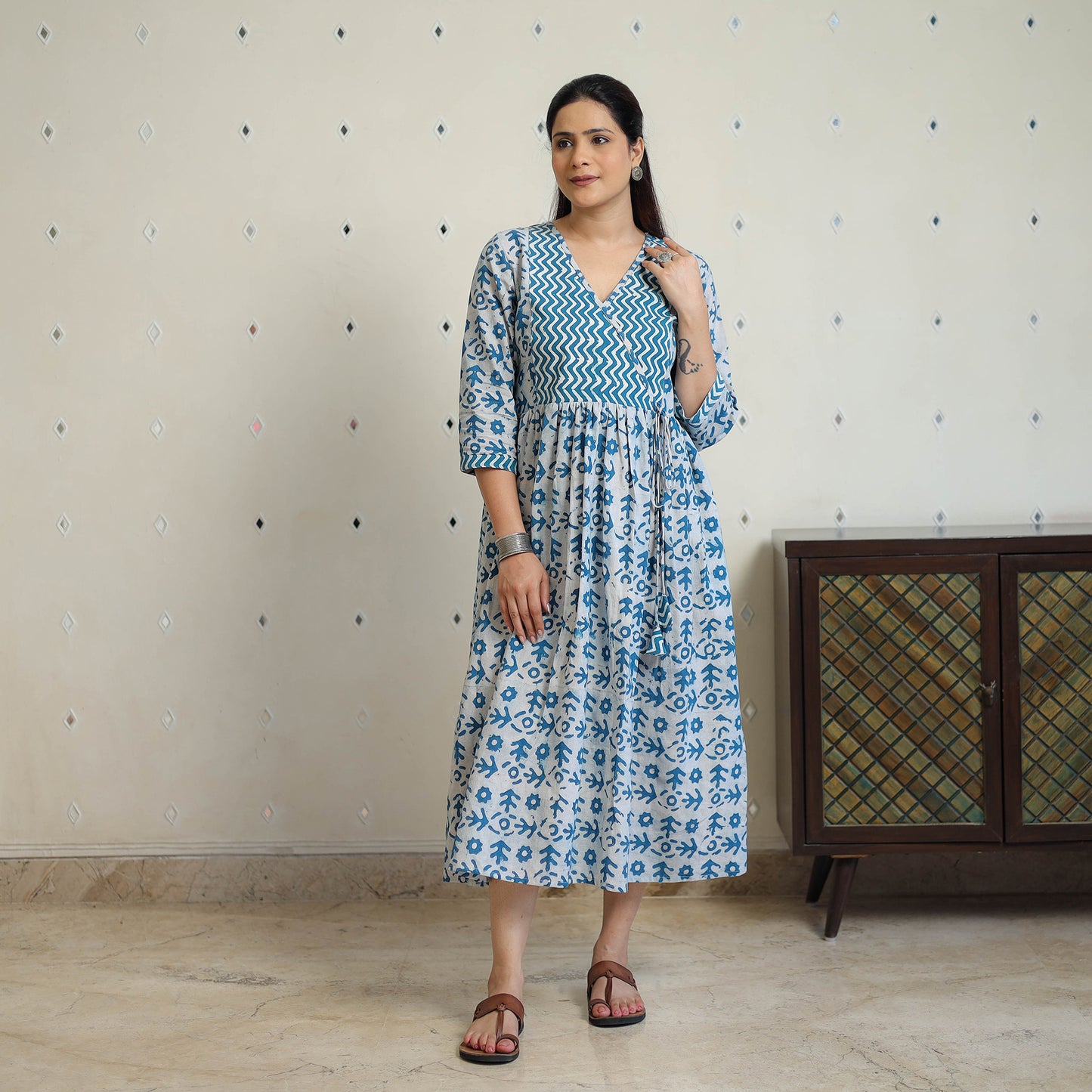 Blue - Pure Cotton Angrakha Batik Print Dress 01