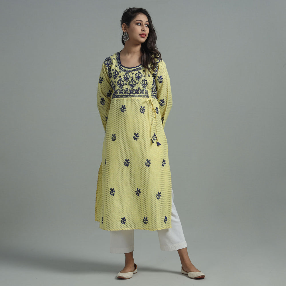 Light Yellow Chikankari Hand Embroidered Cotton Long Kurta