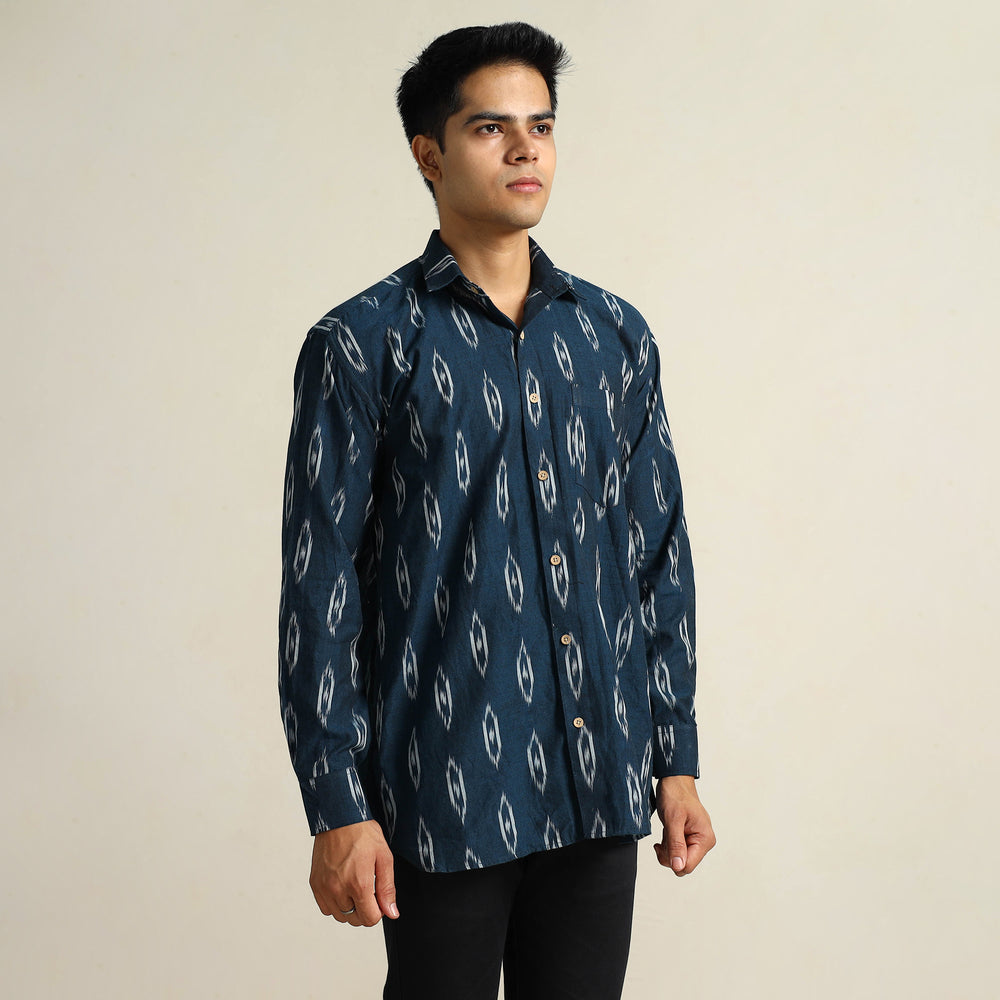 Blue - Pochampally Ikat Weave Cotton Men Full Sleeve Shirt 23