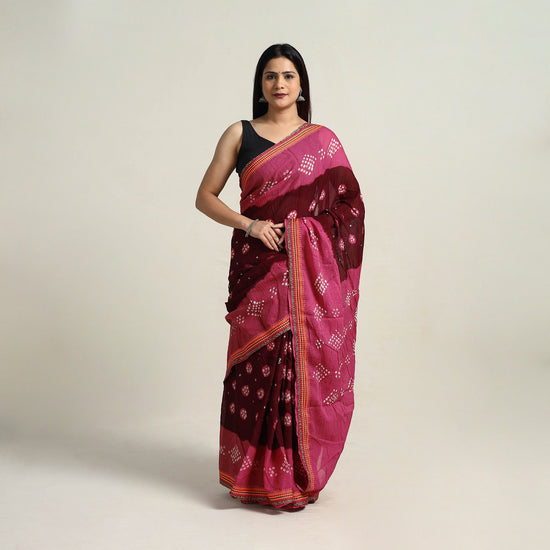 Maroon - Kutch Tie-Dye Cotton Bandhani Saree with Blouse Piece 21