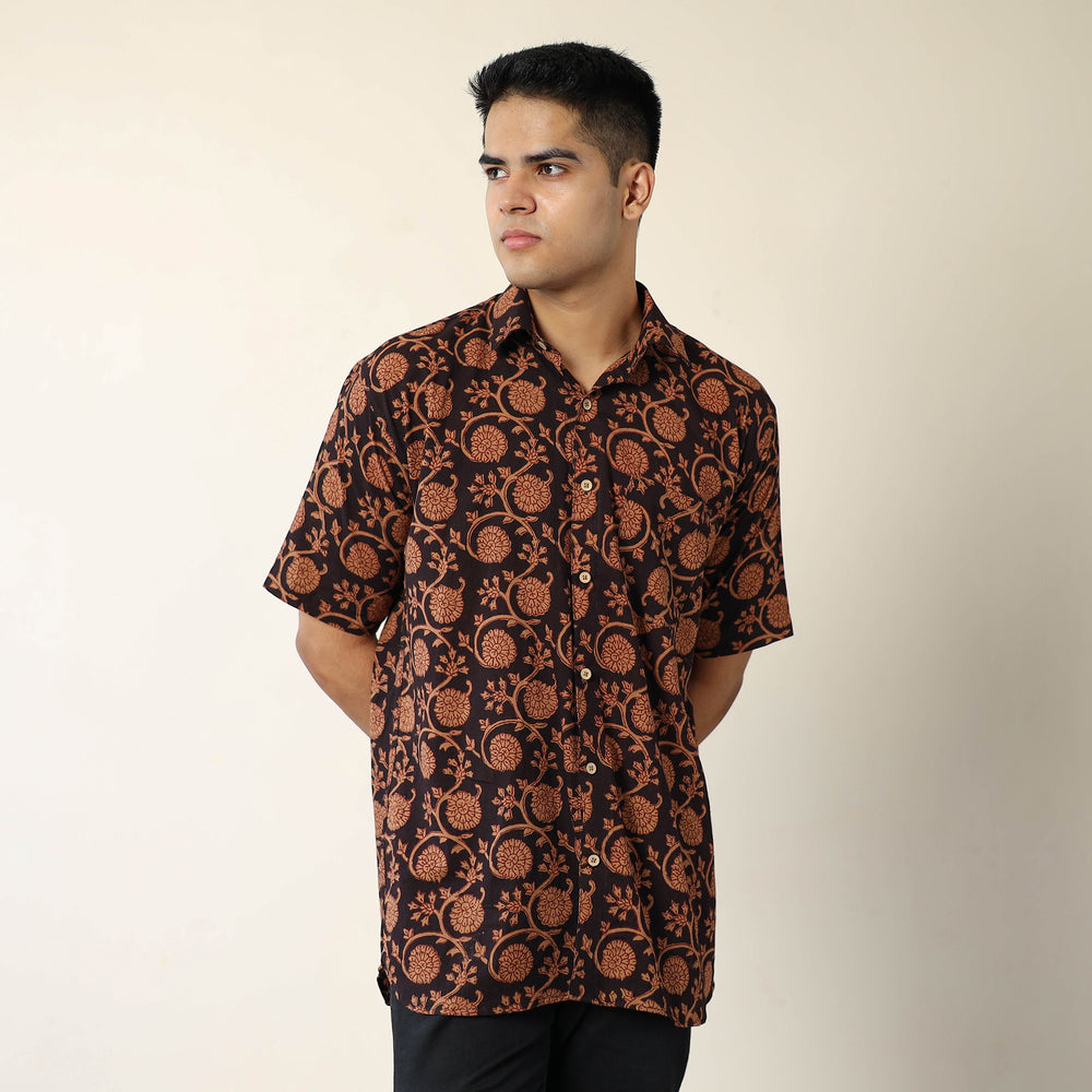 Brown - Bagh Hand Block Printed Cotton Men Half Sleeve Shirt 09