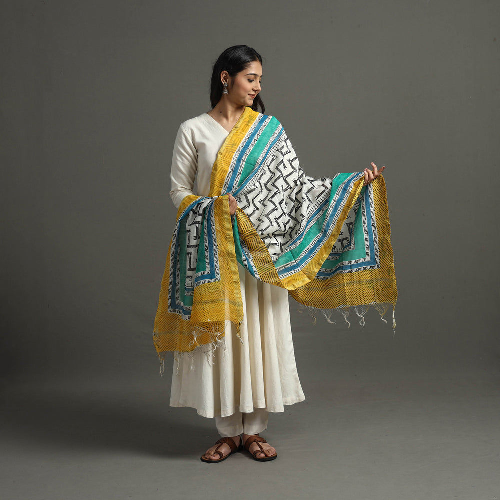 White - Block Printed Chanderi Silk Sanganeri Dupatta 60