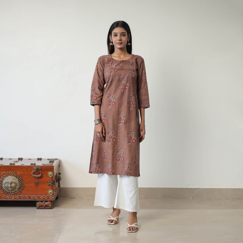 Brown - Block Printed Cotton Straight Ajrakh Kurta 10