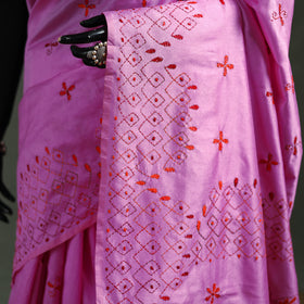 Purple - Bengal Nakshi Kantha Hand Embroidered Silk Saree 48