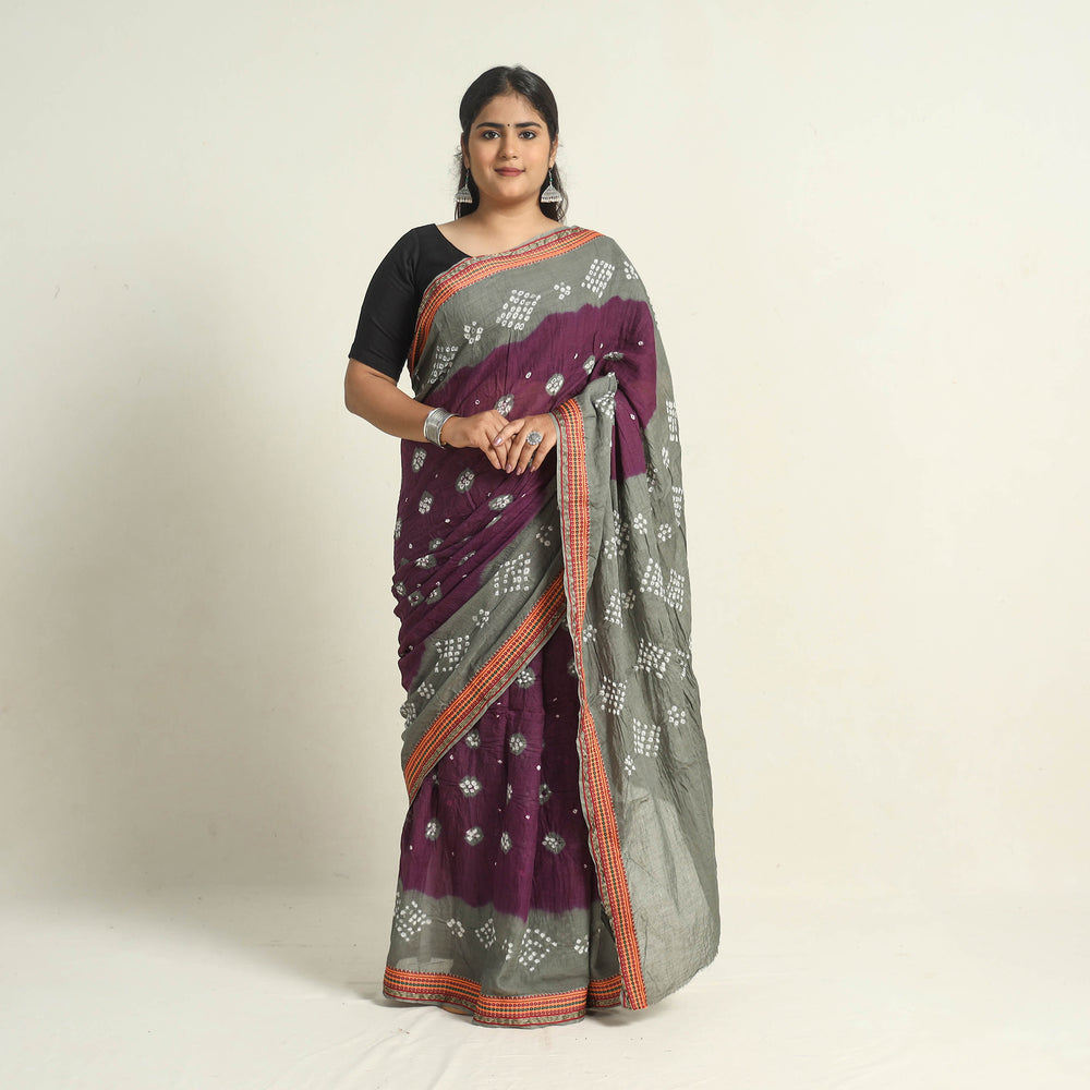 Purple - Kutch Tie-Dye Cotton Bandhani Saree with Blouse Piece 21