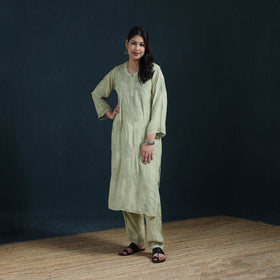 Green - Hand Embroidered Muslin Chikankari Kurta with Pant Set for Women 26
