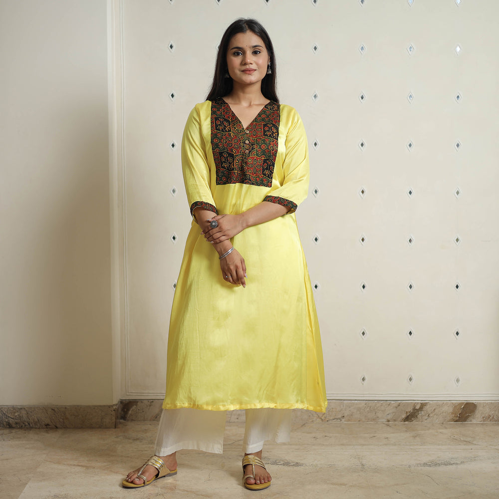 Yellow - Plain Modal Silk A-Line Kurta with Ajrakh Patchwork 09