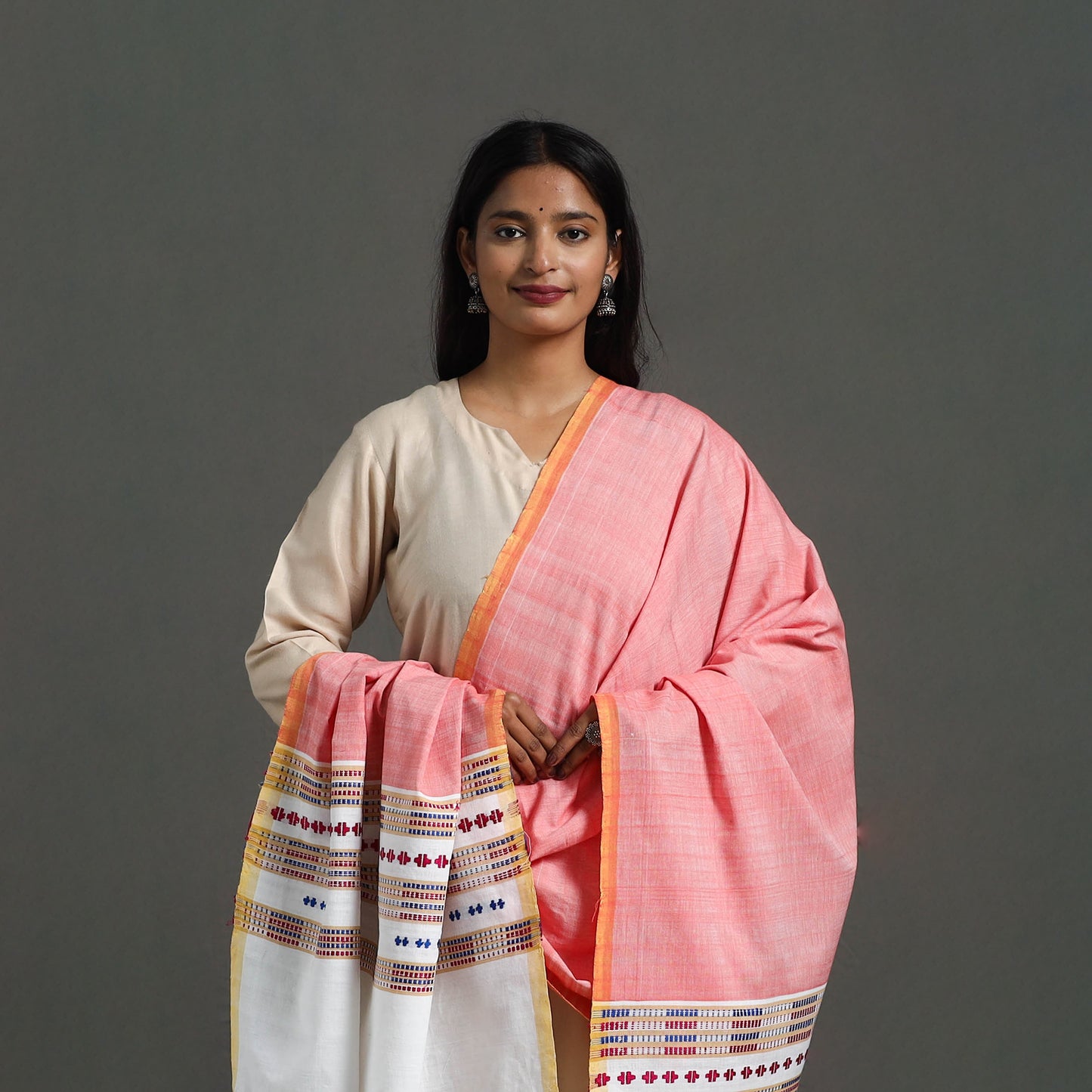 Pink - Assam Weave Thread Buti Cotton Handloom Dupatta 11