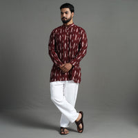 Maroon - Pochampally Ikat Weave Cotton Men Short Kurta