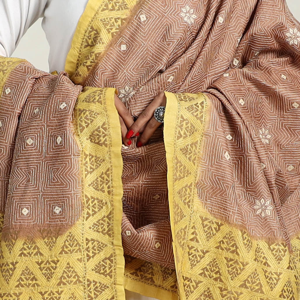 Brown - Handloom Tussar Silk Bengal Kantha Embroidery Dupatta 10