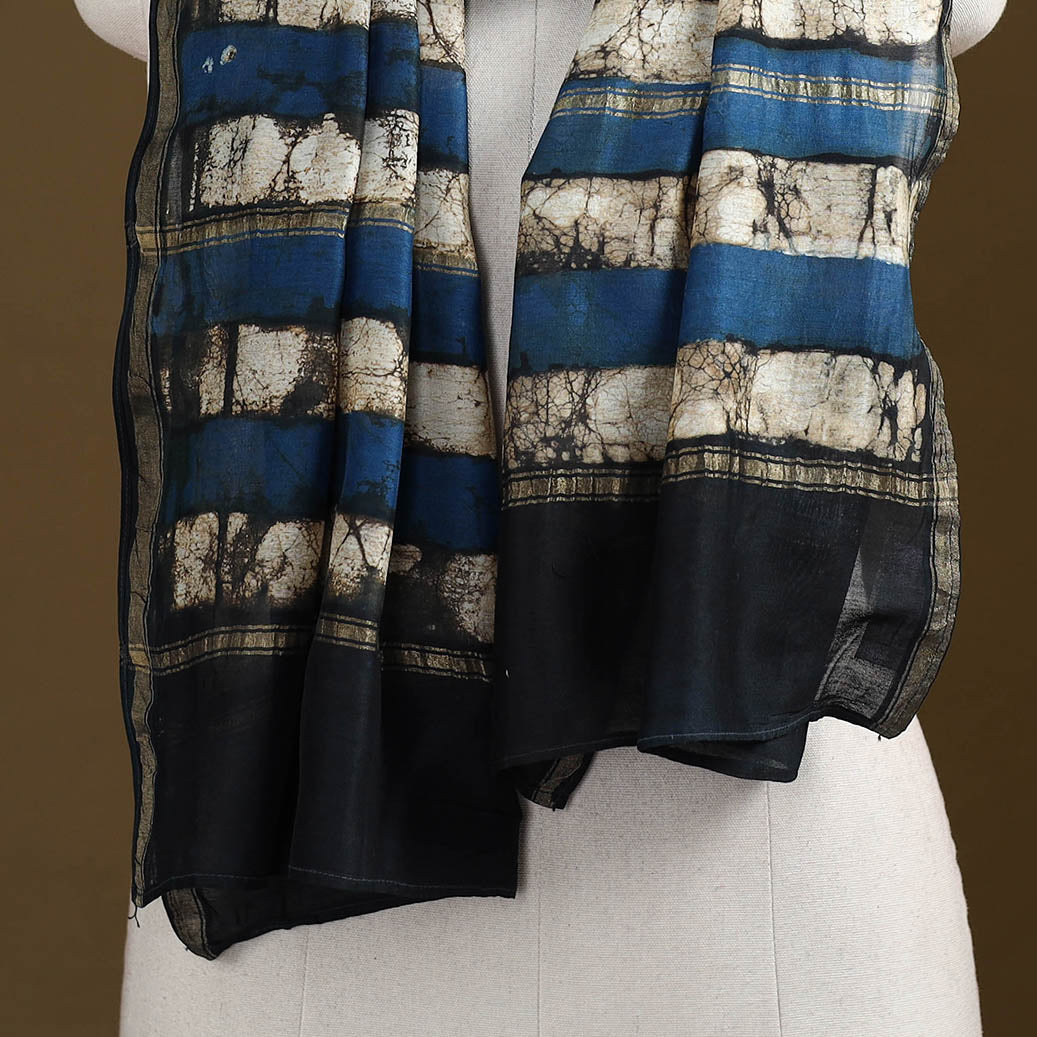 Black - Pipad Hand Block Print Natural Dyed Chanderi Silk Handloom Stole 01