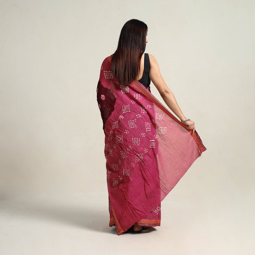 Maroon - Kutch Tie-Dye Cotton Bandhani Saree with Blouse Piece 21