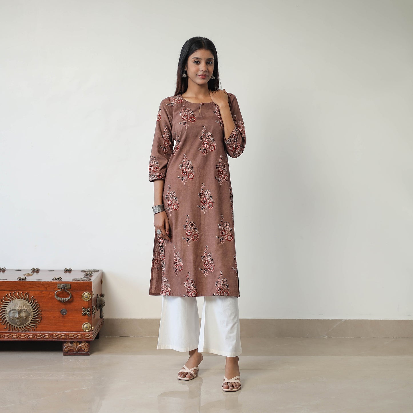 Brown - Block Printed Cotton Straight Ajrakh Kurta 10