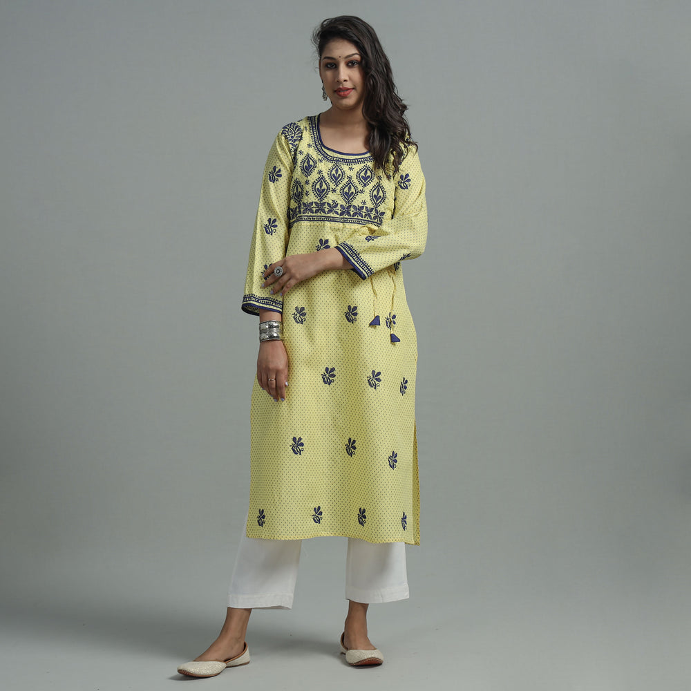 Light Yellow Chikankari Hand Embroidered Cotton Long Kurta