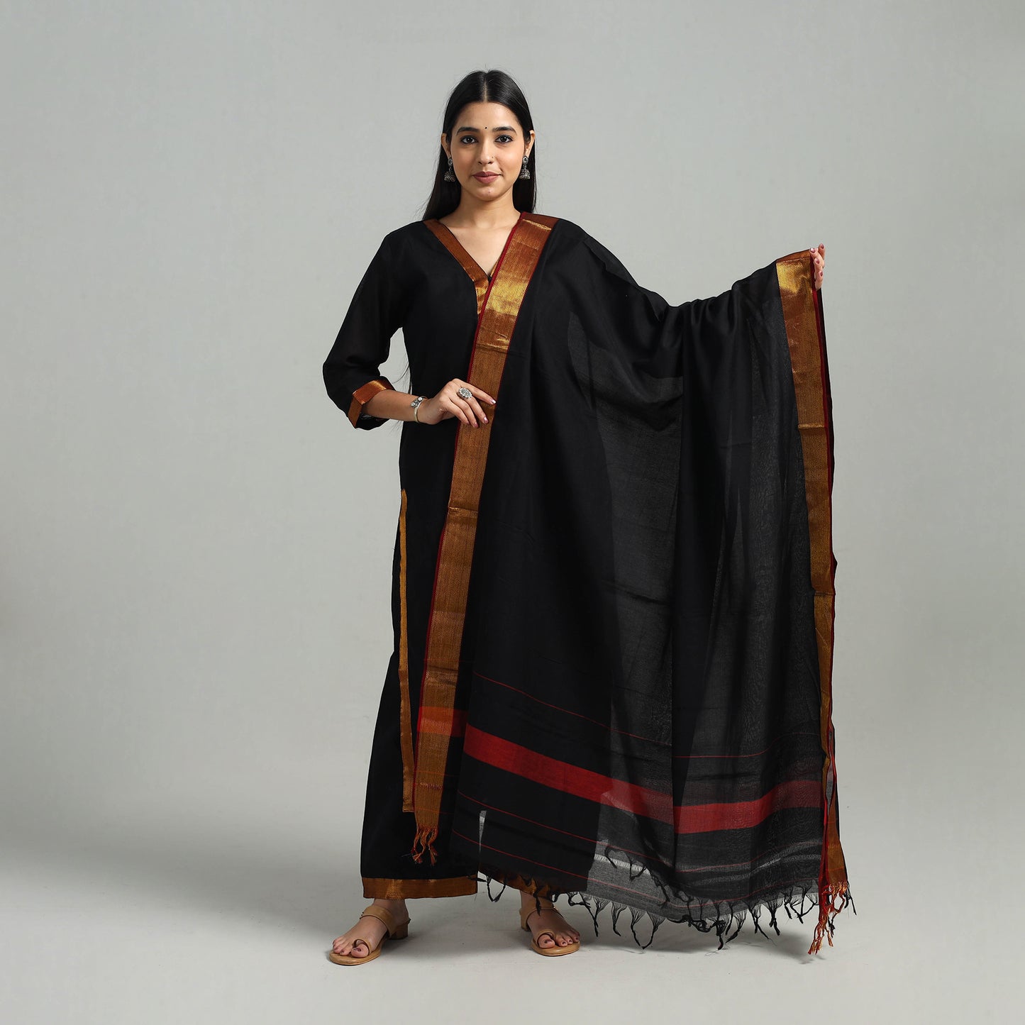 Black - Cotton Dharwad Kurta Set with Palazzo & Dupatta 12