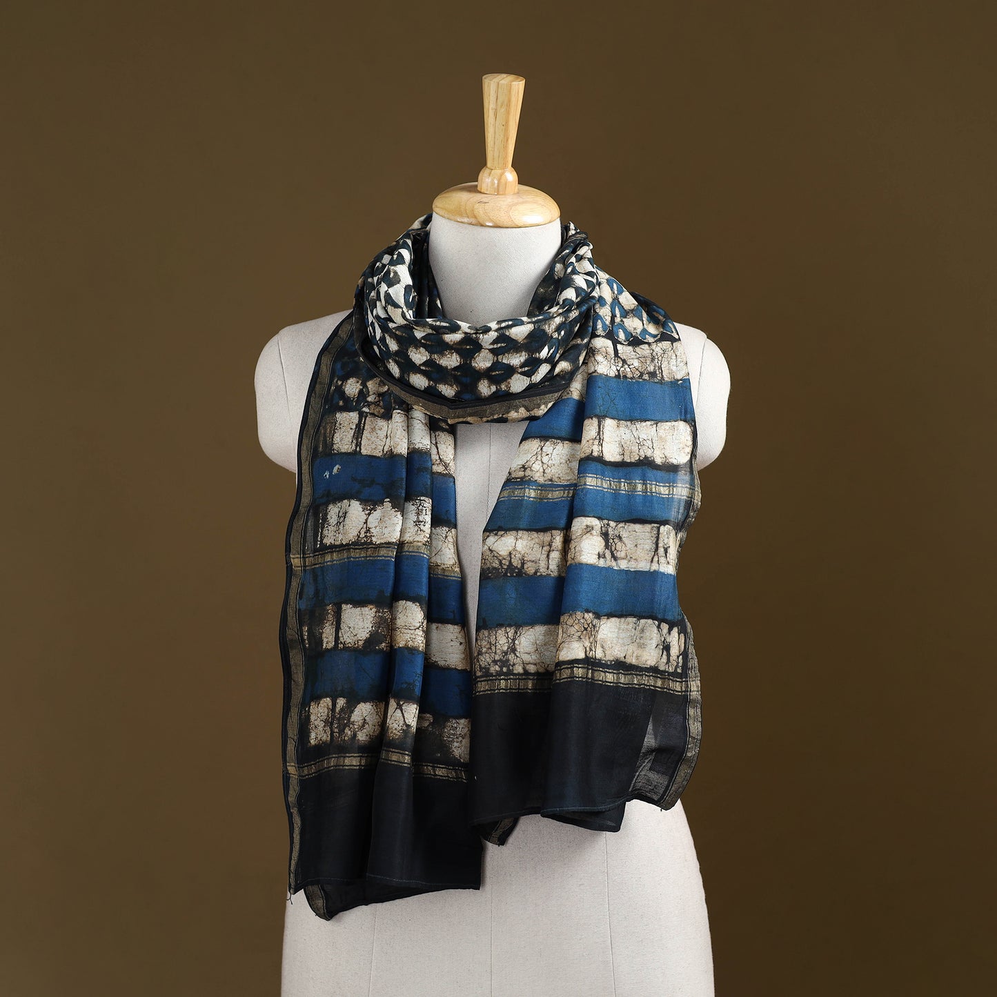 Black - Pipad Hand Block Print Natural Dyed Chanderi Silk Handloom Stole 01