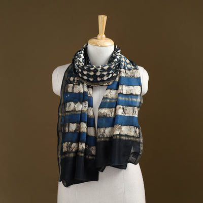 Black - Pipad Hand Block Print Natural Dyed Chanderi Silk Handloom Stole 01