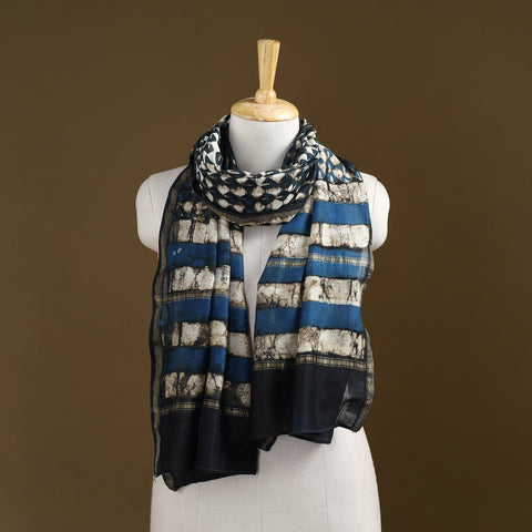 Black - Pipad Hand Block Print Natural Dyed Chanderi Silk Handloom Stole 01