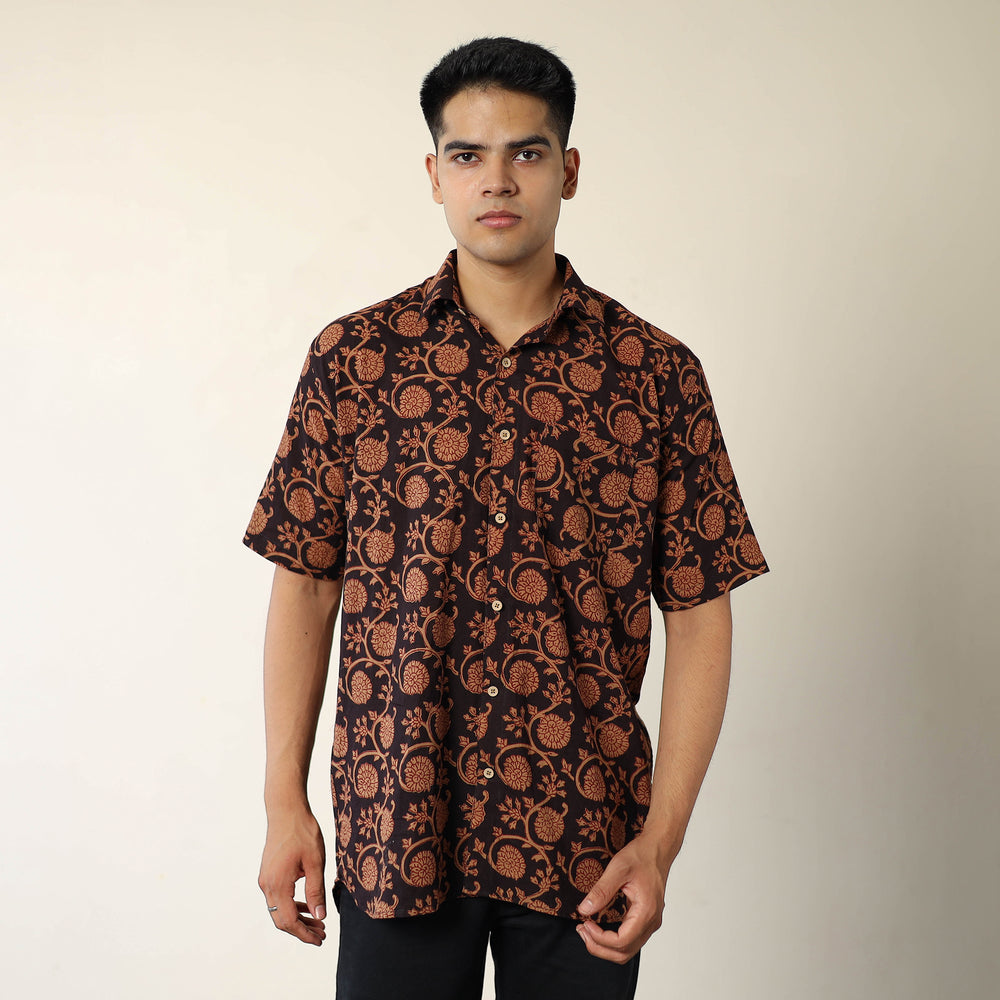 Brown - Bagh Hand Block Printed Cotton Men Half Sleeve Shirt 09