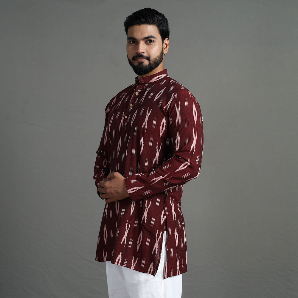 Maroon - Pochampally Ikat Weave Cotton Men Short Kurta