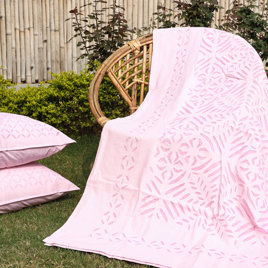Pink - Barmer Applique Cut Work Cotton Double Bed Cover with Pillow Covers (108 x 90 in)