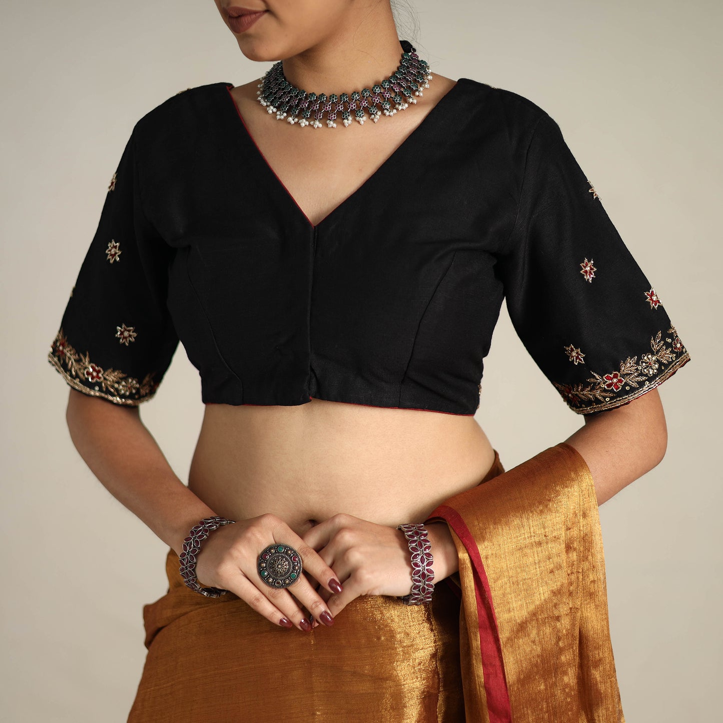 Brown - Mul Tissue Zari Bengal Saree with Embroidered Blouse 09