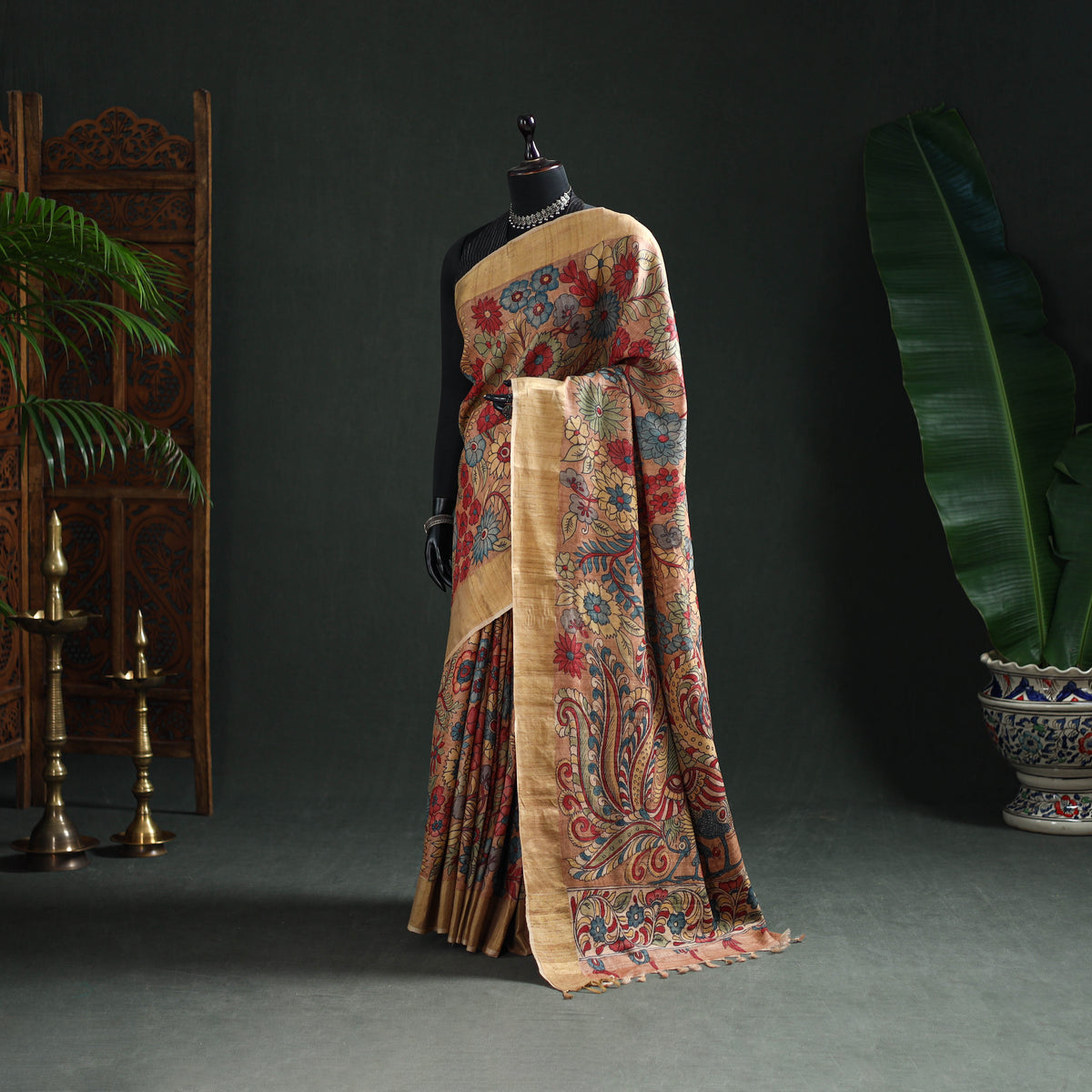 Pure Handloom Desi Tussar Silk Handpainted Srikalahasti Pen Kalamkari Saree with Zari Border 03