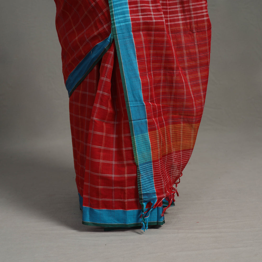 Red - Checks Cotton Handloom Saree 01