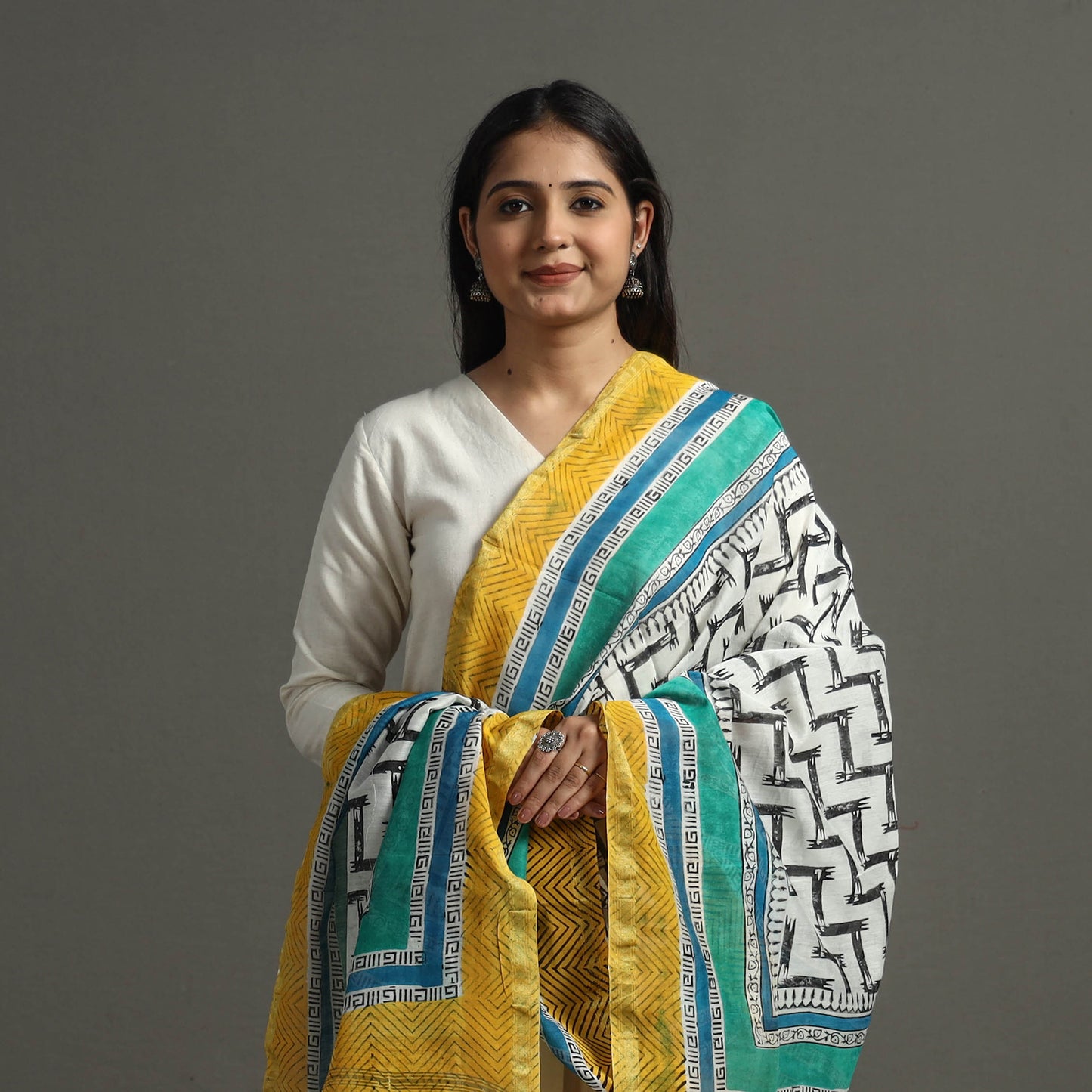 White - Block Printed Chanderi Silk Sanganeri Dupatta 60