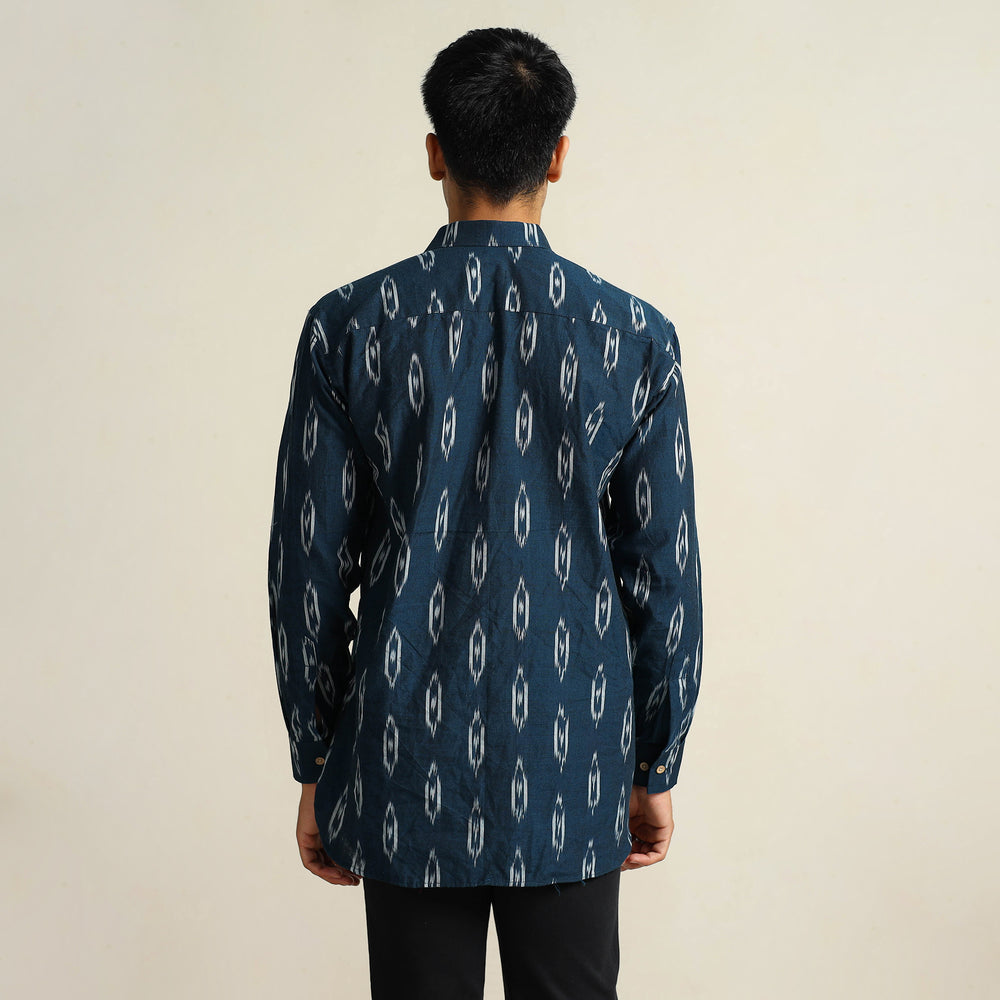 Blue - Pochampally Ikat Weave Cotton Men Full Sleeve Shirt 23