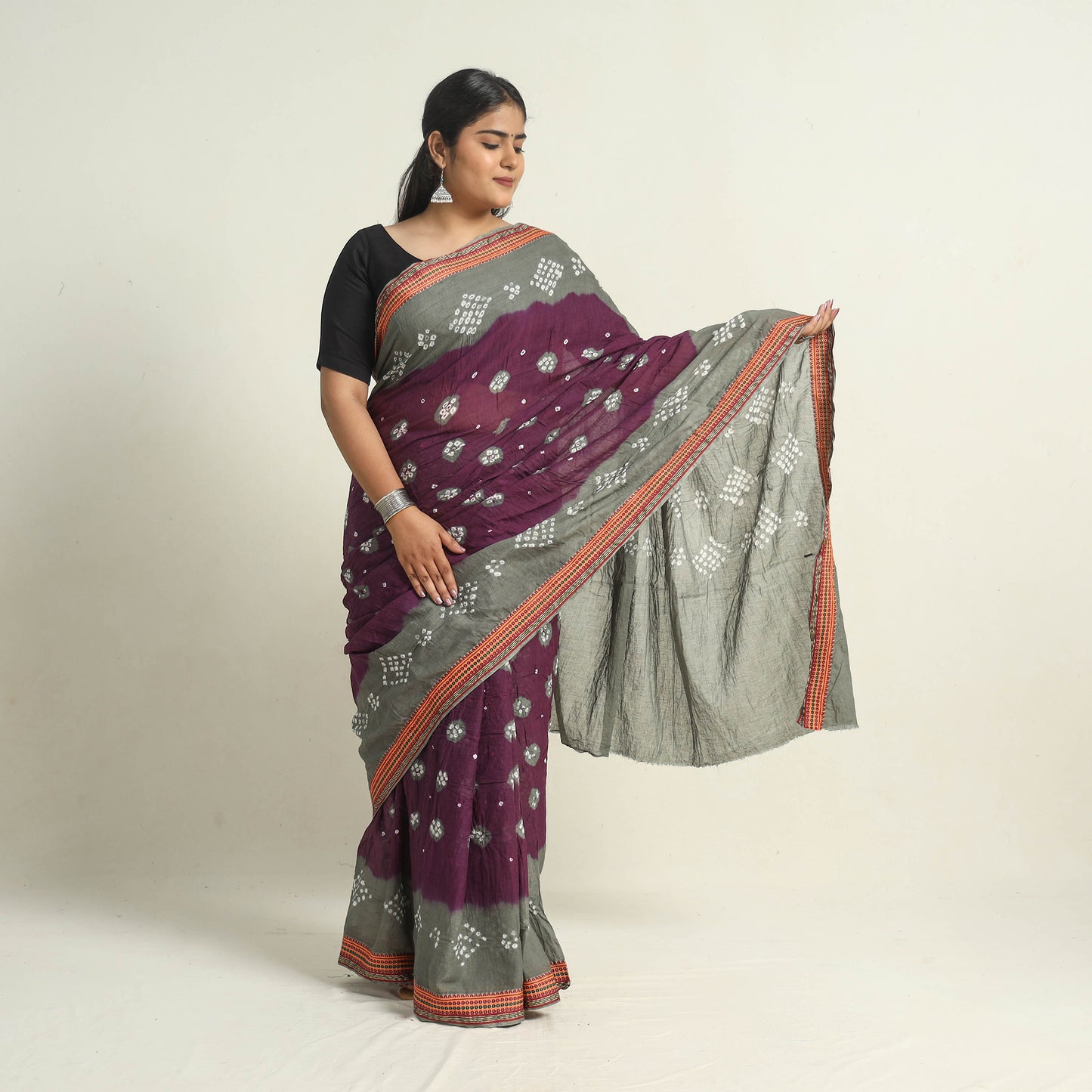 Purple - Kutch Tie-Dye Cotton Bandhani Saree with Blouse Piece 21