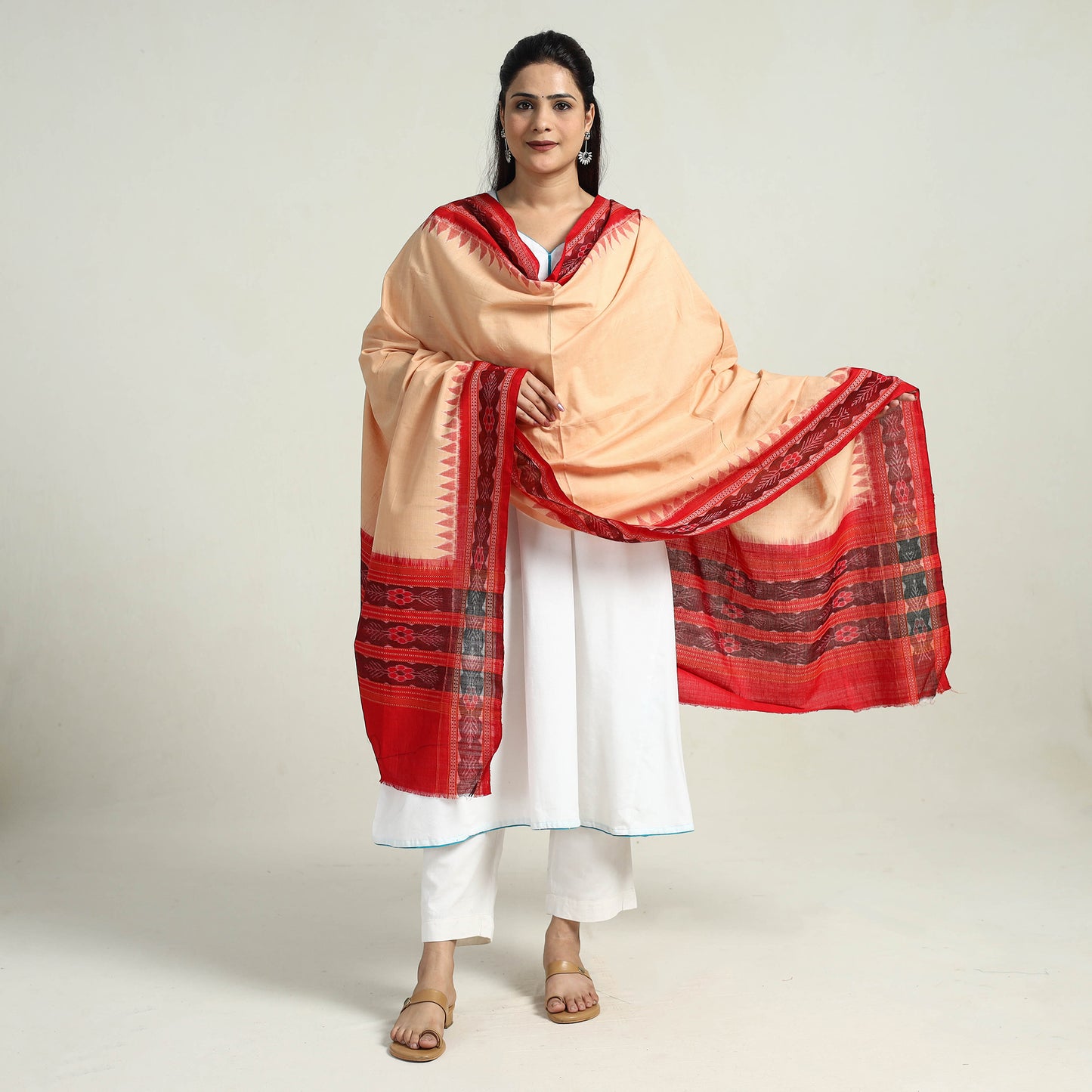 Beige - Sambalpuri Ikat Weave Handloom Plain Cotton Dupatta 22