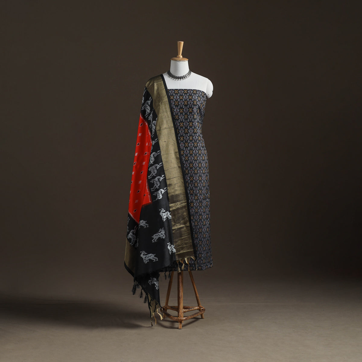 Pochampally Ikat Handloom Sico Unstitched Dress Material: Kurta with Mulberry Silk Dupatta 29