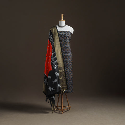 Multicolor - Pochampally Ikat Handloom Sico Unstitched Dress Material: Kurta with Mulberry Silk Dupatta 29