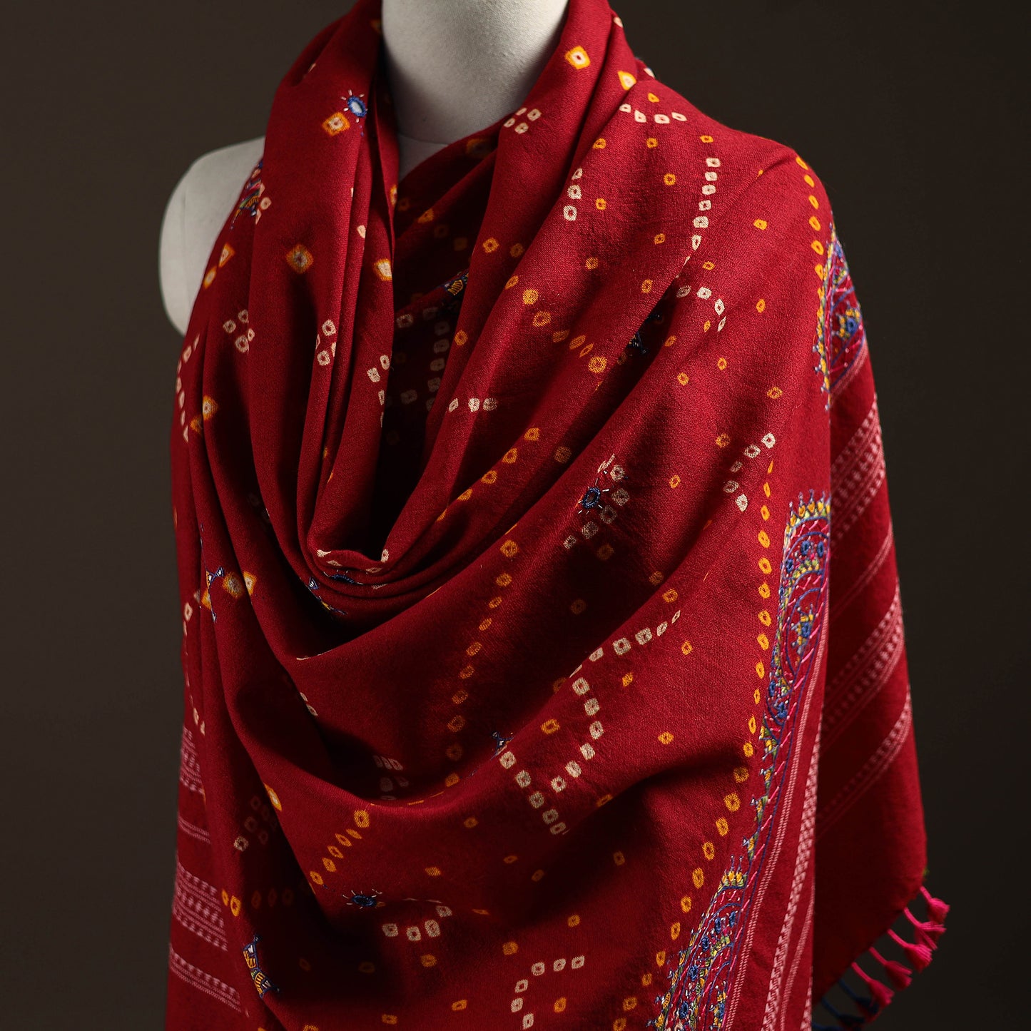 Kutch Bandhani Handwoven Neran Hand Embroidery Merino Wool Shawl 56