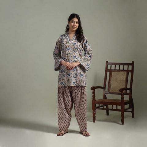 Sanganeri Hand Block Print Cotton Lace Work Short Kurta with Farshi Salwar Set for women 05