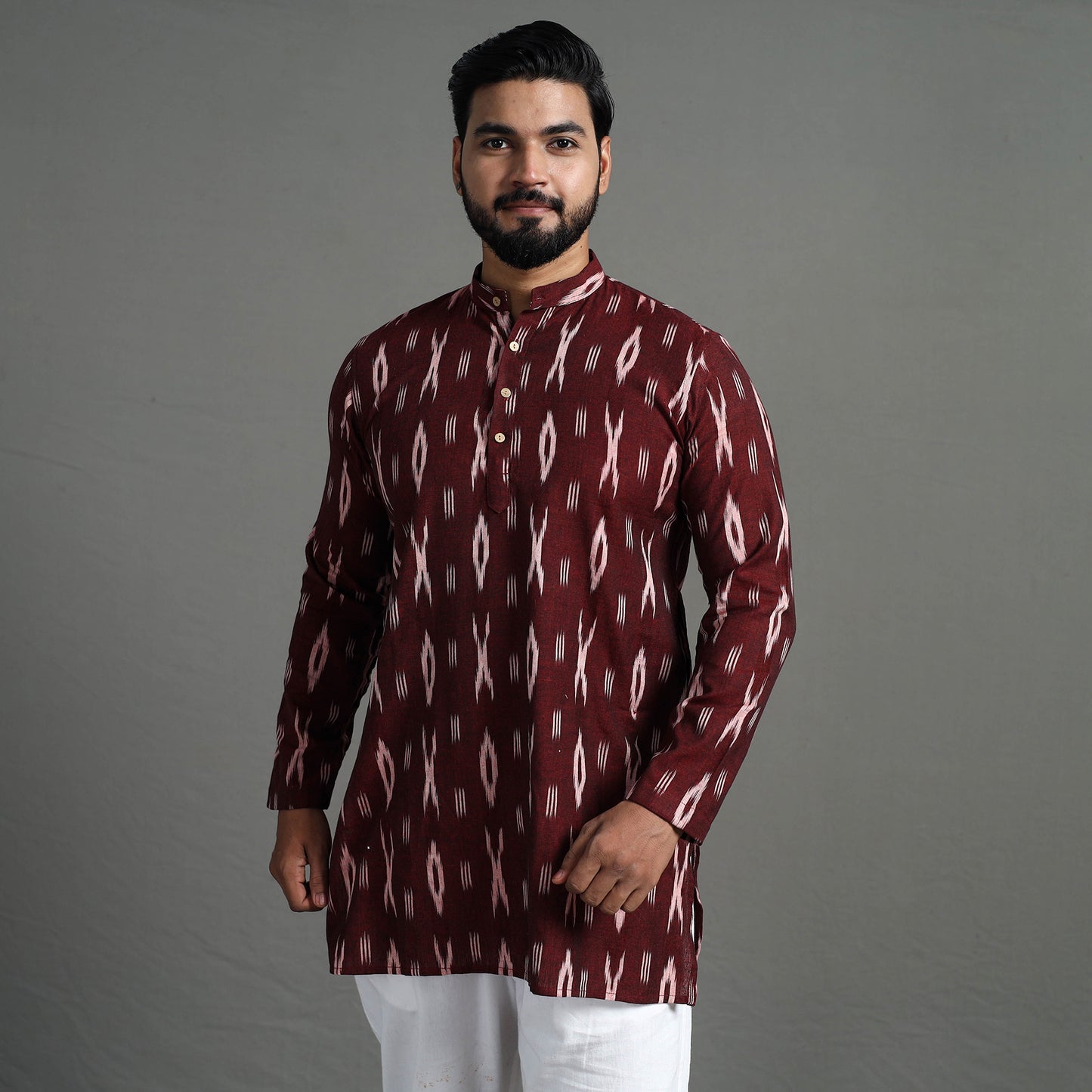 Maroon - Pochampally Ikat Weave Cotton Men Short Kurta