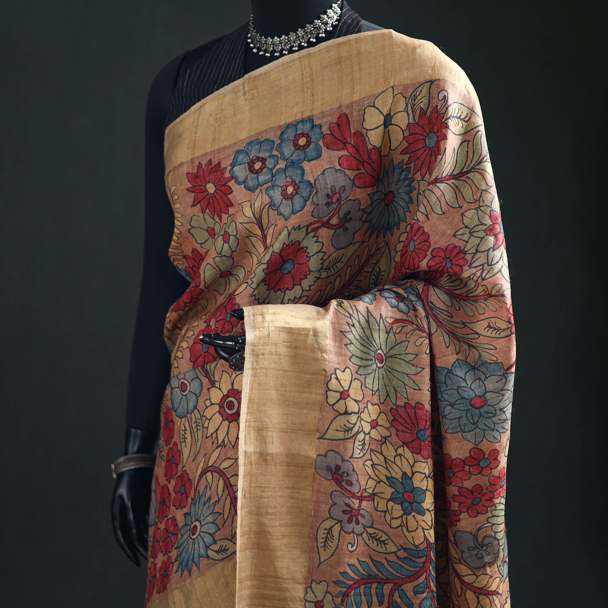 Pure Handloom Desi Tussar Silk Handpainted Srikalahasti Pen Kalamkari Saree with Zari Border 03