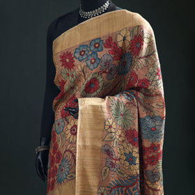 Pure Handloom Desi Tussar Silk Handpainted Srikalahasti Pen Kalamkari Saree with Zari Border 03