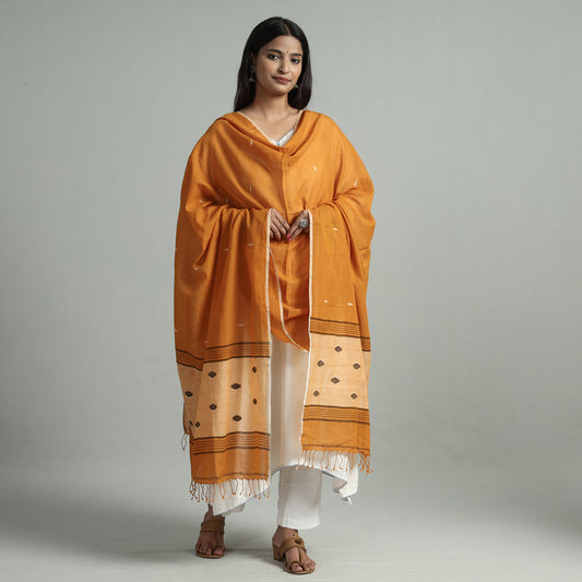 Orange - Burdwan Jamdani Buti Handloom Cotton Dupatta with Tassels 38