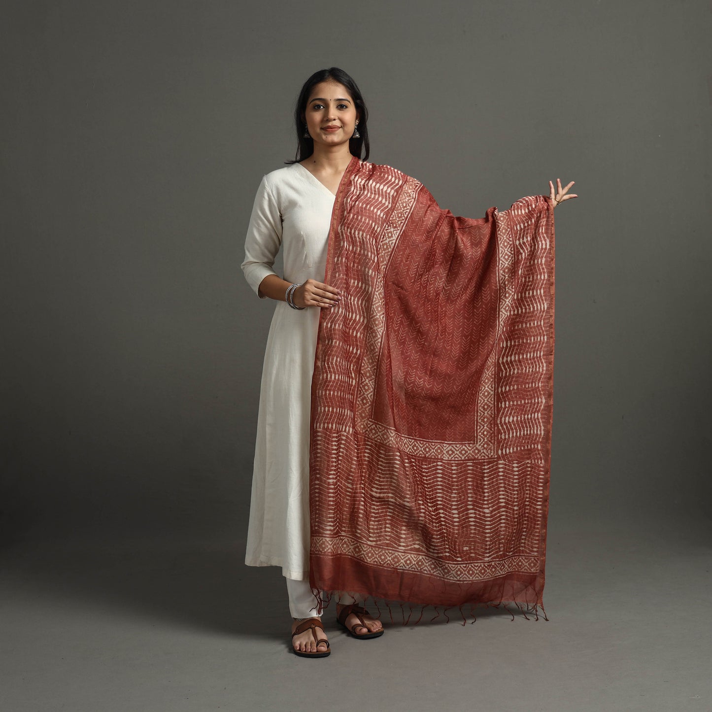 Brown - Block Printed Chanderi Silk Bagru Dupatta 61