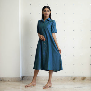 Ananya Dark Blue Slub Silk Plain Dress