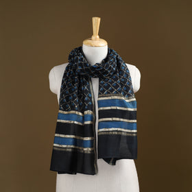 Black - Pipad Hand Block Print Natural Dyed Chanderi Silk Handloom Stole 02