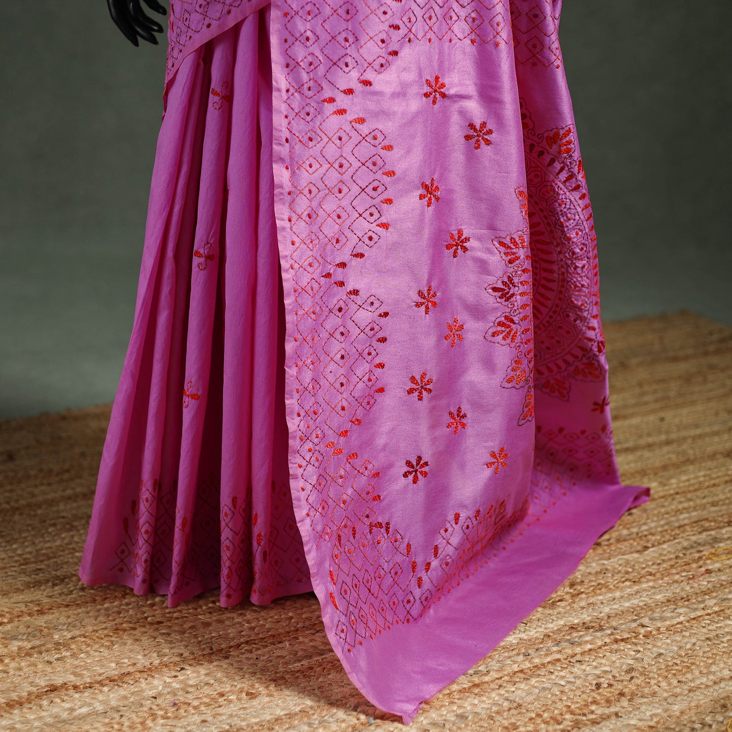 Purple - Bengal Nakshi Kantha Hand Embroidered Silk Saree 48