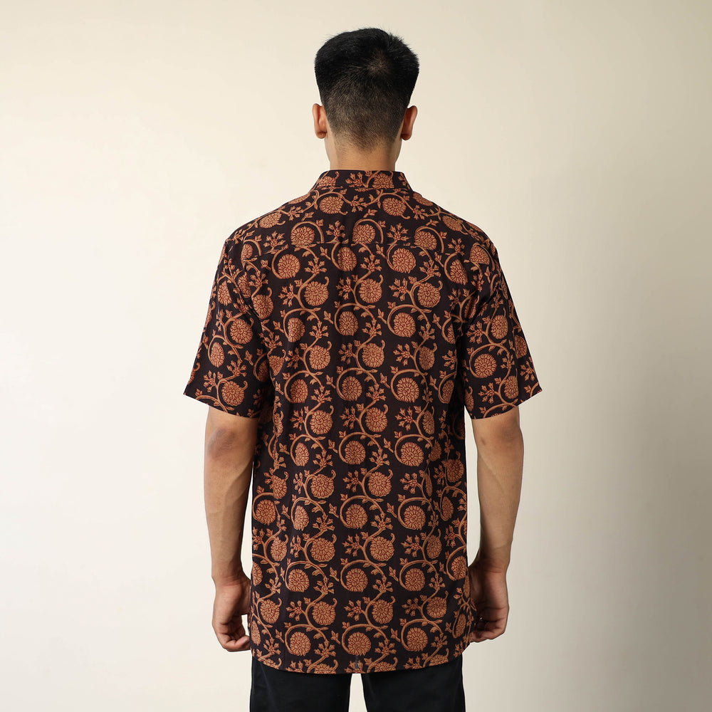 Brown - Bagh Hand Block Printed Cotton Men Half Sleeve Shirt 09