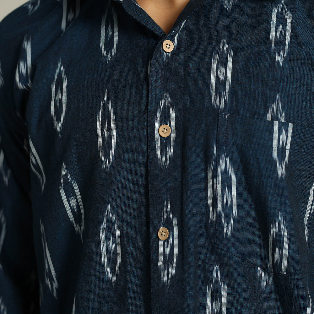 Blue - Pochampally Ikat Weave Cotton Men Full Sleeve Shirt 23