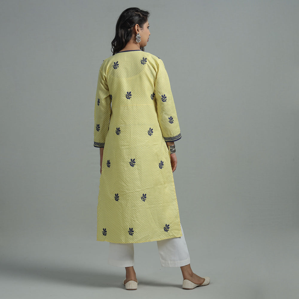 Light Yellow Chikankari Hand Embroidered Cotton Long Kurta